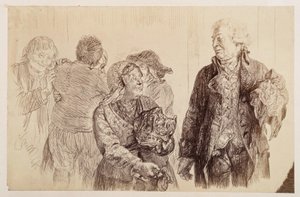 The Judge, with the Handkerchief in the Right, Exchanges Last Words with the Pouting Marthe. Behind Marthe, Eve and Ruprecht Exchange the Reconciliation Kiss, to Heinrich von Kleist 