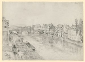 The Fulda in Kassel. River Landscape with Bridge and Houses