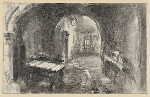 Dark Arched Passage, a Handcart in Front by Adolph Menzel