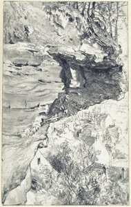 Rock Overhang with Village in the Background (Saxon Switzerland?) by Adolph Menzel