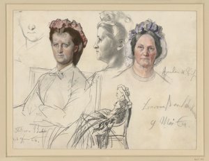 Miss von Below, Half Figure Sitting to the Left, Head Almost En Face, Right: Head Study in Profile to the Left, Below: Whole Figure Sitting (Partly Crossed Out) Right: Baroness von Schuckmann, Head Study En Face by Adolph Menzel