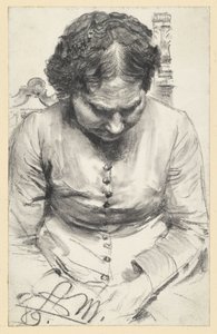 Woman with Cap Sitting in Armchair, Head Slightly Bowed