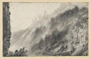 Mountain Landscape with Billowing Mists, Cliff Rising on the Left by Adolph Menzel