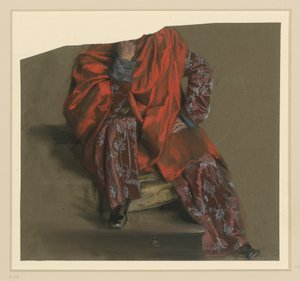 Study of a Male Figure Sitting en Face in a Floral Long Coat with Red Wrap by Adolph Menzel