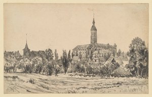 Small Town with High Church Tower by Adolph Menzel