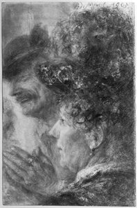 Head of a Lady with Hat and Bust of a Laughing Man with Round Hat by Adolph Menzel