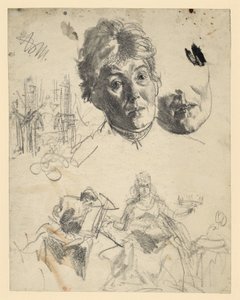 Head of an Older Woman, Repeated Chin Area, Architectural Sketch, Figurative Sketch for an Allegory by Adolph Menzel
