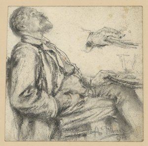 Man Sitting at Table, Leaning Back, Looking Up and Hand Study by Adolph Menzel
