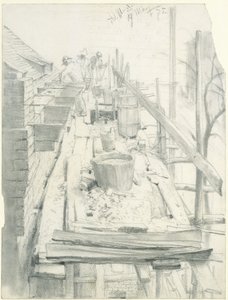 Bricklayers at Work on Scaffolding by Adolph Menzel