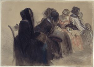 Musical Soirée, Six Ladies Sitting on Chairs in a Row Leading into Depth, Partly in Conversation by Adolph Menzel