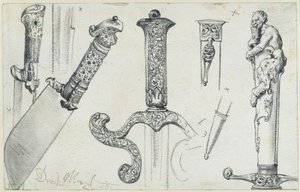 Hunting Knife from the End of the 16th Century, Hunting Sword from the First Half of the 17th Century, and the "Permoser" Hunting Dagger from the Beginning of the 18th Century, Historical Museum, Dresden by Adolph Menzel