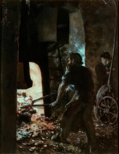 Self-Portrait with Worker at the Steam Hammer by Adolph Menzel