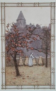 Beekeeper checking her beehives, illustration from 