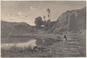 A Rider by a Mountain Pond at Sunset by Adolphe Appian