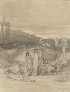 Classical Landscape with Reclining, Standing, and Sitting Nude Figures and a Temple Ruin