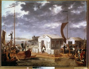 Interview of Tilsit between Napoleon I and Tsar Alexander I of Russia on the Niemen River on June 25 by Adolphe Roehn
