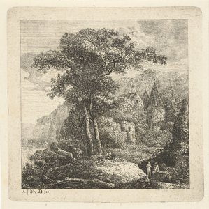 Mountainous Landscape with Trees, Castle, and Two Figures by Adriaan Jacob Willem van Dielen