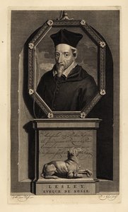 John Lesley, Scottish historian and Bishop of Ross. Dog with key. Copperplate engraving by Pieter Stevens van Gunst after Adriaen van der Werff from Isaac de Larrey’s Histoire d’Angleterre, d’Ecosse et d’Irlande, Amsterdam