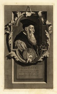 Portrait of Stephen Gardiner, Bishop of Winchester and politician. With coat of arms. Copperplate engraving by Pieter Stevens van Gunst after Adriaen van der Werff from Isaac de Larrey’s Histoire d’Angleterre, d’Ecosse et d’Irlande, Reinier Leers, Rotterda