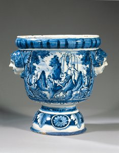 Delft Blue and White Two-Handled Mythological Pedestal Garden Urn by Adriaen (fl.1868 d.1701) (attr.to) Kocks