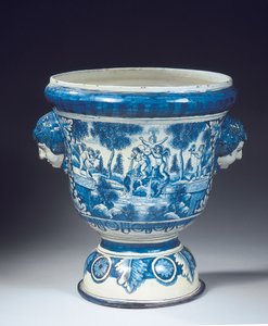 Large Delft blue and white mythological garden urn in the Baroque style by Adriaen (fl.1868 d.1701) (attr.to) Kocks