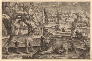 A Leopard and Two Lions by Adriaen Collaert