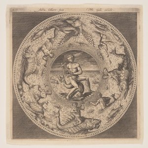 Arion on a Dolphin surrounded by a Border decorated with Sea Creatures, from a Set of Designs for Plates by Adriaen Collaert