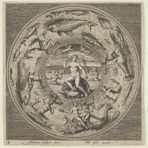 Design for a Plate with Galatea on a Shell Flanked by Trumpeters in a Medallion Border by Adriaen Collaert