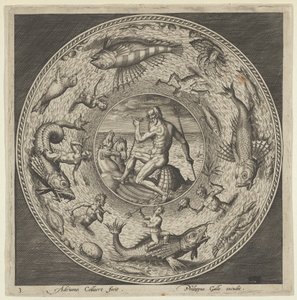 Design for a Plate with Neptune in a Shell Drawn by Horses in a Medallion Bordered by..., c. 1600 by Adriaen Collaert
