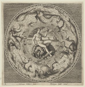 Design for a Plate with Thetis on a Shell in a Medallion Bordered by Sea Monsters by Adriaen Collaert