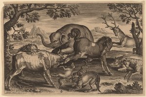 Lion, Bull, Fox, Wolf, Dog, Boar, Goat, Horse, Elephant and Deer by Adriaen Collaert