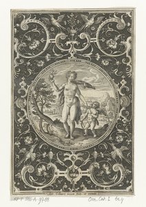 Medallion with Venus and Amor in a Frame of Grotesques with Flowers, Garlands, Animals, and Mascarons (Medallions with Figures from the Judgment of Paris) by Adriaen Collaert