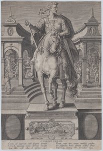 Equestrian statue of Julius Caesar, seen from the front, with a scene, ca. 1587-89 by Adriaen Collaert