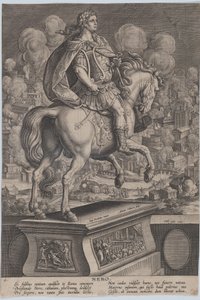 Plate 6: Equestrian Statue of Nero, seen from behind, the Great Fire of Rome, ca. 1587-89 by Adriaen Collaert