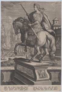 Plate 8: Equestrian Statue of Otho, Seen from Behind, His Death Scene in the Background by Adriaen Collaert