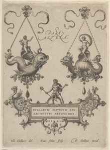 Title Plate with Two Pendant Designs Above and Neptune Standing on a Cartouche Below by Adriaen Collaert