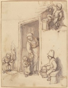 Study Sheet with a Mother and Her Daughter at the Door, Two Seated Boys. 1660s by Adriaen Jansz. van Ostade
