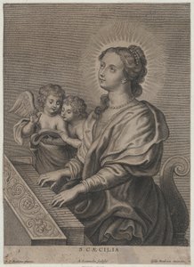 Saint Cecilia Playing the Organ with Two Putti at Left by Adriaen Lommelin