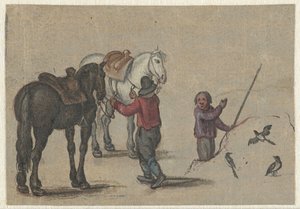 Man Holding Two Horses and a Man by Birds