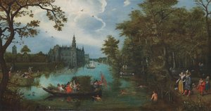 Summer Landscape with Boating Party and Bathers