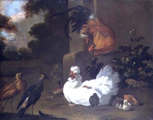 A Ruft, a Lapwing and Chickens by a Mounting Block by Adriaen van Oolen