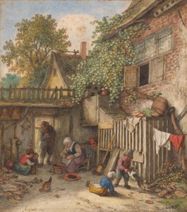 Courtyard with a Woman Cleaning Mussels by Adriaen van Ostade
