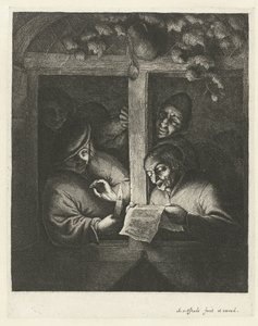 Three Men Singing from a Sheet of Paper by Candlelight in an Open Window (series title: The Rhetoricians) by Adriaen van Ostade