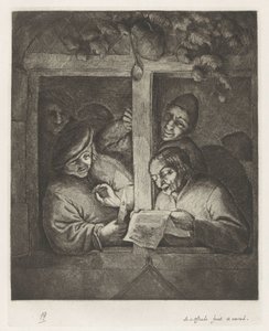Three men singing from sheet music by candlelight at an open window by Adriaen van Ostade