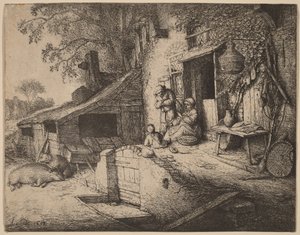 Farmstead with a Peasant Family Outside the Front Door, the Woman Spinning by Adriaen van Ostade