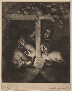 Four Men at a Window, One Reading from a Sheet by Candlelight by Adriaen van Ostade