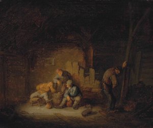 Peasants Sitting and Drinking in a Barn with a Dog by Adriaen van Ostade