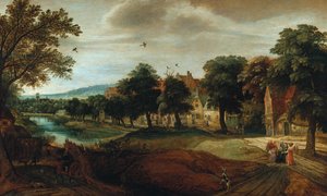 A wooded river landscape with village buildings and Abraham and the Three Angels