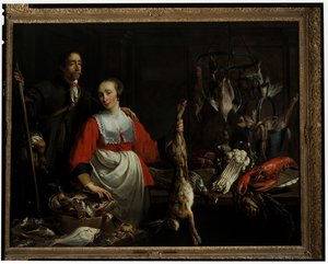 A Gamekeeper with a Punt Gun and a Maidservant Holding Up a Dead Hare in a Larder by Adriaen van Utrecht