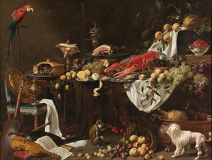 Banquet Still Life with a Parrot, Dog and Monkey by Adriaen van Utrecht